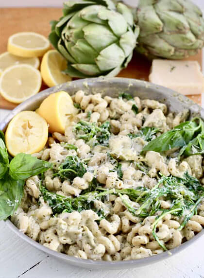 Artichoke Lemon Pesto Chickpea Pasta