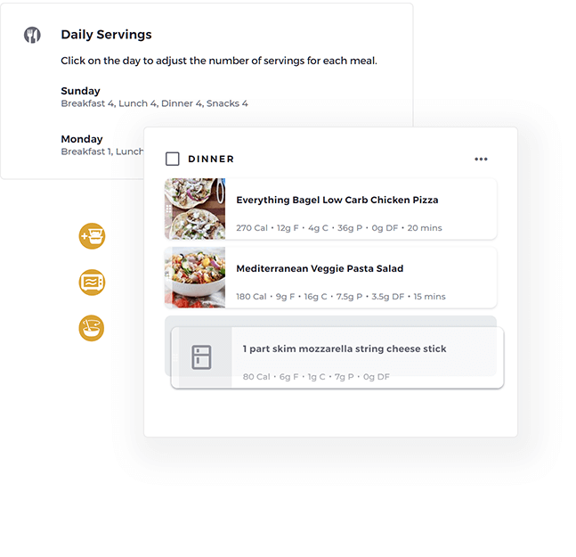 Meal plan customization settings, and drag and drop of a recipe card