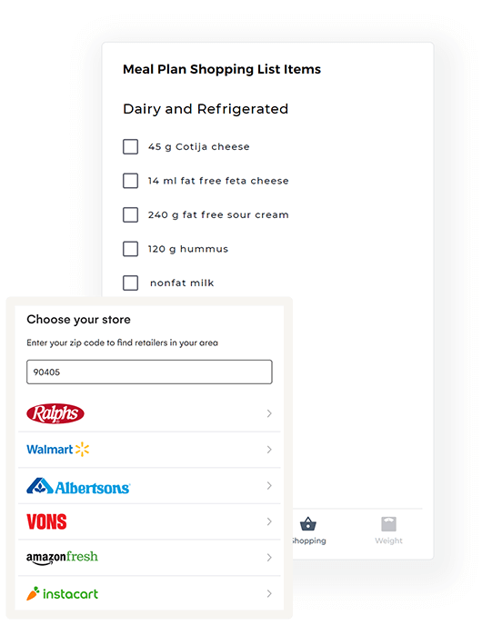 Meal plan shopping list with grocery delivery options